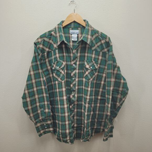 Wrangler Western Shirt 2XL Pearl Snap Flannel Wrancher Green Plaid Cotton XXL - Picture 1 of 4